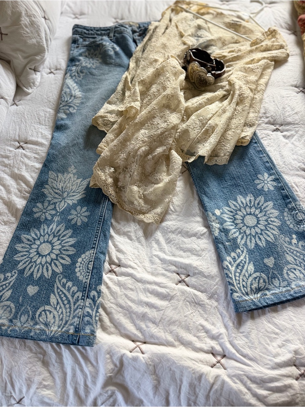 Upcycled Light Blue Floral Print Wide-Leg Vintage Jeans